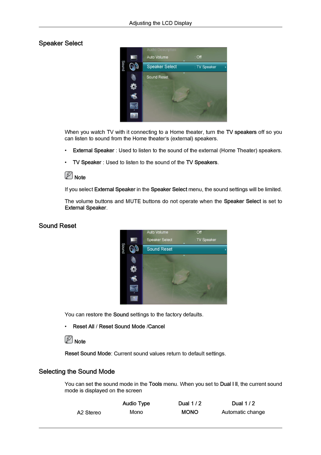 Samsung LS24TDDSUV/EN, LS20TDVSUV/EN, LS24TDVSUV/EN, LS22TDVSUV/EN Speaker Select, Sound Reset, Selecting the Sound Mode 