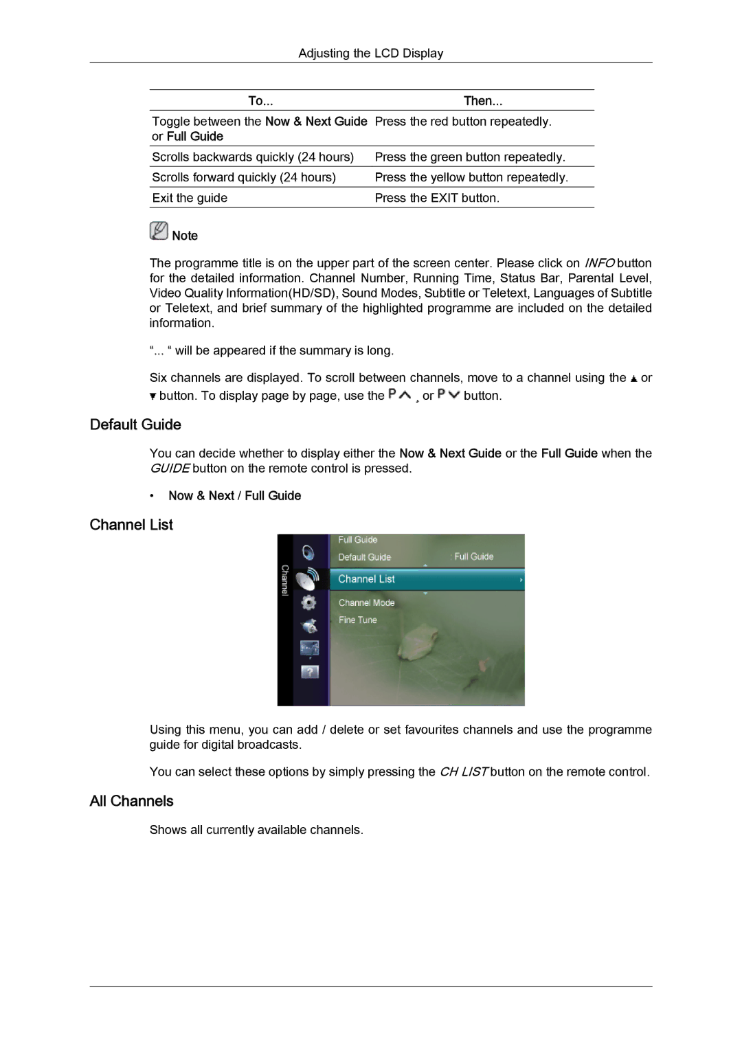 Samsung LS26TDNSUV/ZA, LS20TDVSUV/EN manual Default Guide, Channel List, All Channels, To...Then, Now & Next / Full Guide 