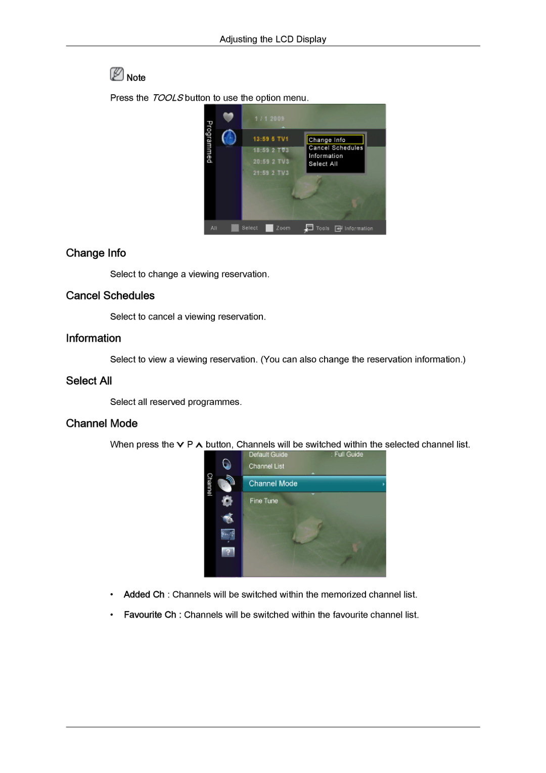 Samsung LS22TDVSUV/XE, LS20TDVSUV/EN, LS24TDVSUV/EN Change Info, Cancel Schedules, Information, Select All, Channel Mode 