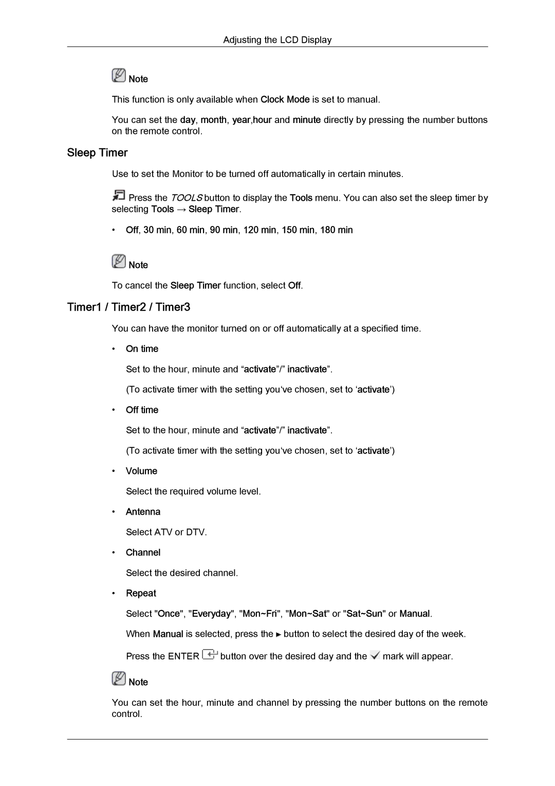 Samsung LS22TDDSU/CI, LS20TDVSUV/EN, LS24TDVSUV/EN, LS24TDDSUV/EN, LS22TDVSUV/EN manual Sleep Timer, Timer1 / Timer2 / Timer3 