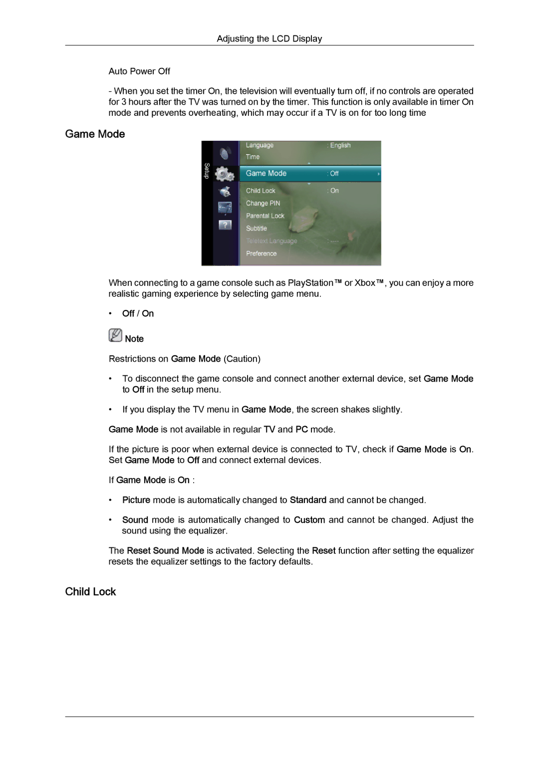 Samsung LS22TDDSX2/EN, LS20TDVSUV/EN, LS24TDVSUV/EN, LS24TDDSUV/EN, LS22TDVSUV/EN manual Child Lock, If Game Mode is On 