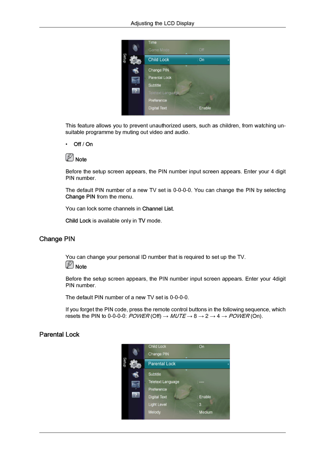 Samsung LS20TDDSU2/EN, LS20TDVSUV/EN, LS24TDVSUV/EN, LS24TDDSUV/EN, LS22TDVSUV/EN, LS20TDDSUV/EN Change PIN, Parental Lock 