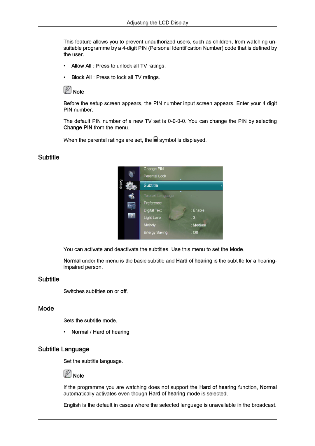 Samsung LS24TDDSU/CI, LS20TDVSUV/EN, LS24TDVSUV/EN, LS24TDDSUV/EN manual Subtitle Language, Normal / Hard of hearing 