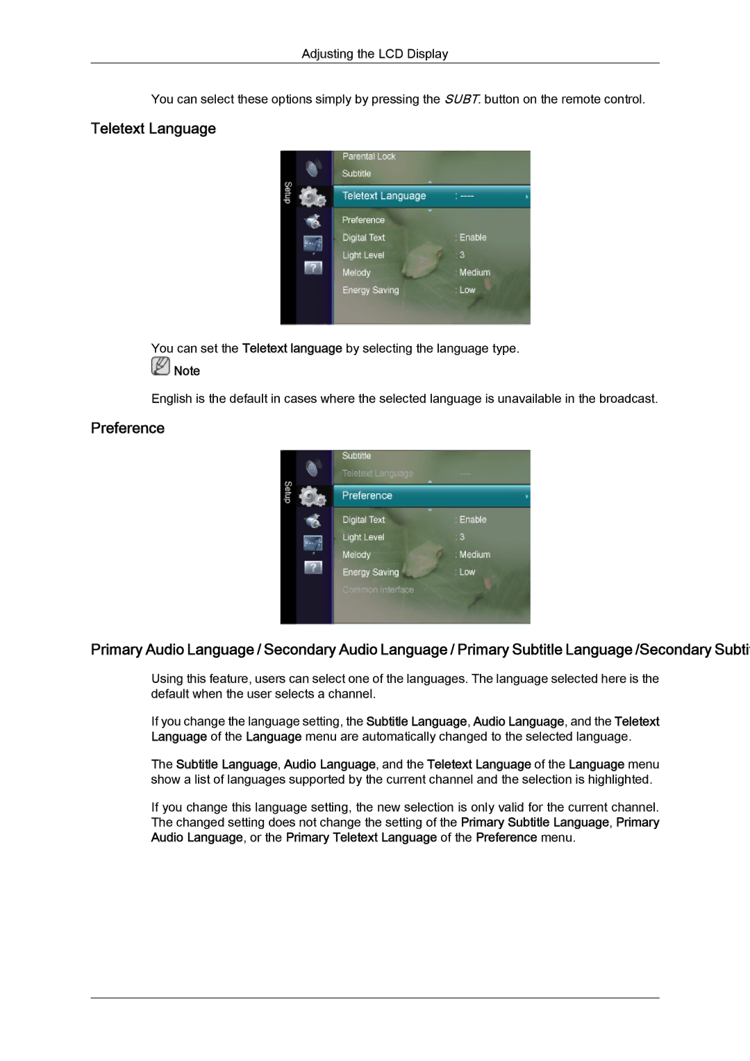 Samsung LS22TDDSUSCI, LS20TDVSUV/EN, LS24TDVSUV/EN, LS24TDDSUV/EN, LS22TDVSUV/EN, LS20TDDSUV/EN Teletext Language, Preference 