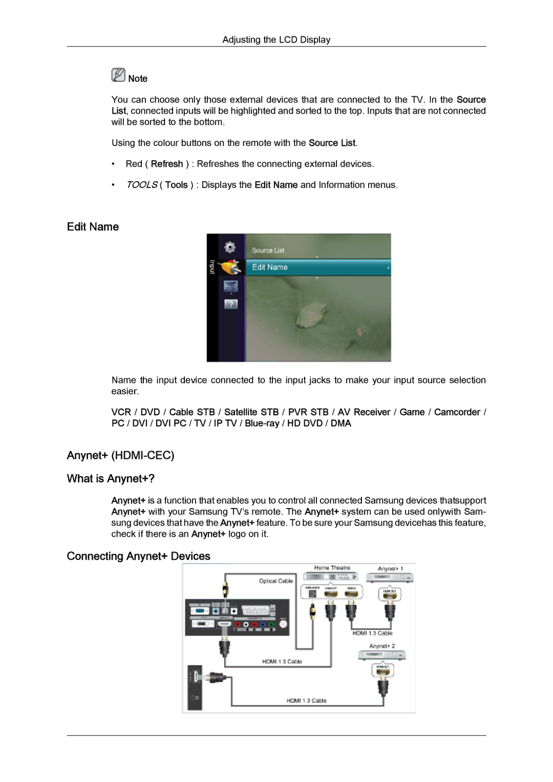 Samsung LS26TDDSUSCI, LS20TDVSUV/EN, LS24TDVSUV/EN Edit Name, Anynet+ HDMI-CEC What is Anynet+?, Connecting Anynet+ Devices 