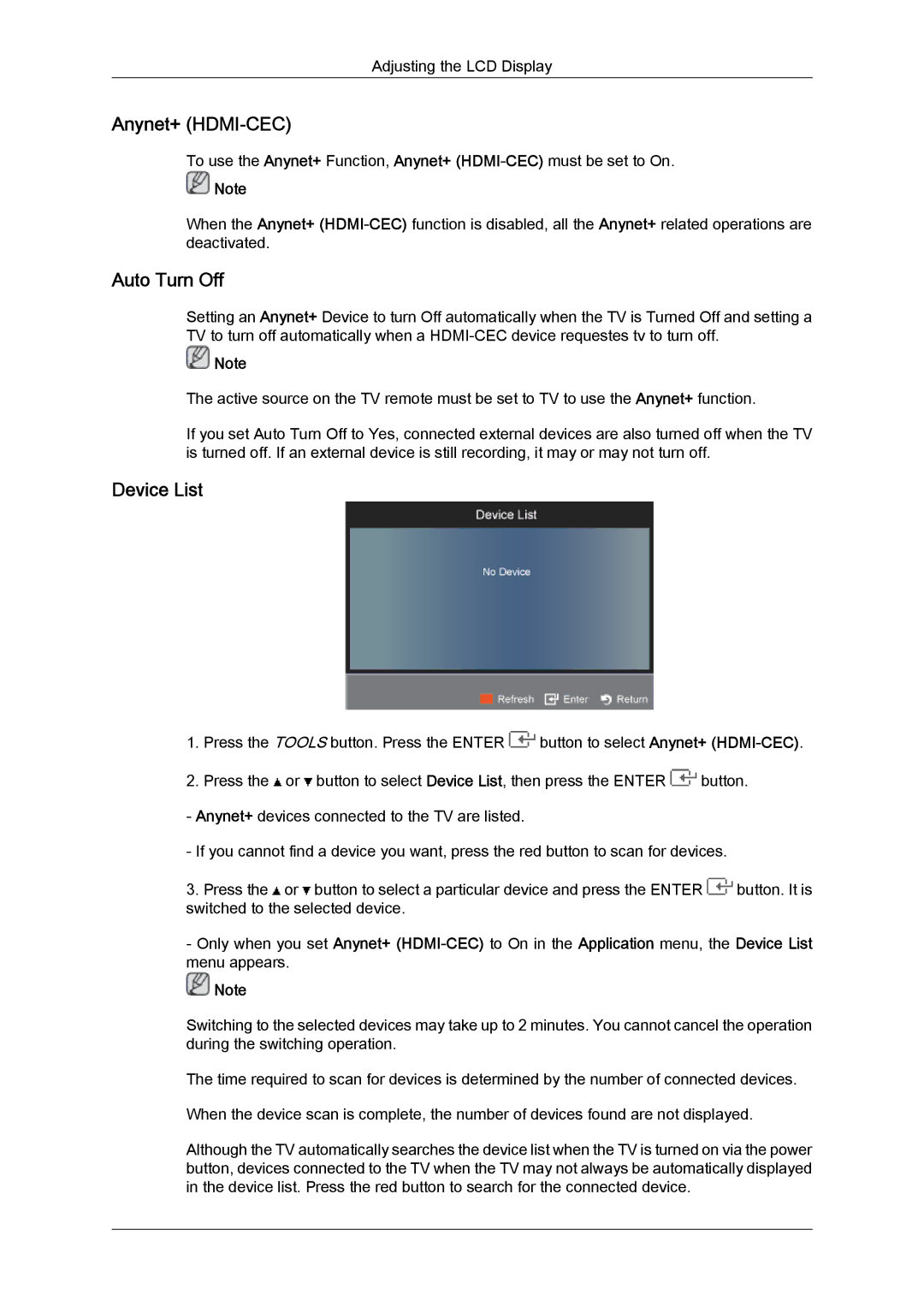 Samsung LS20TDVSUV/EN, LS24TDVSUV/EN, LS24TDDSUV/EN, LS22TDVSUV/EN, LS20TDVSU/XE Anynet+ HDMI-CEC, Auto Turn Off, Device List 