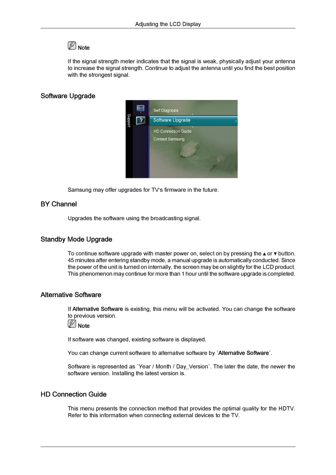 Samsung LS24TDDSUV/EN manual Software Upgrade, By Channel, Standby Mode Upgrade, Alternative Software, HD Connection Guide 