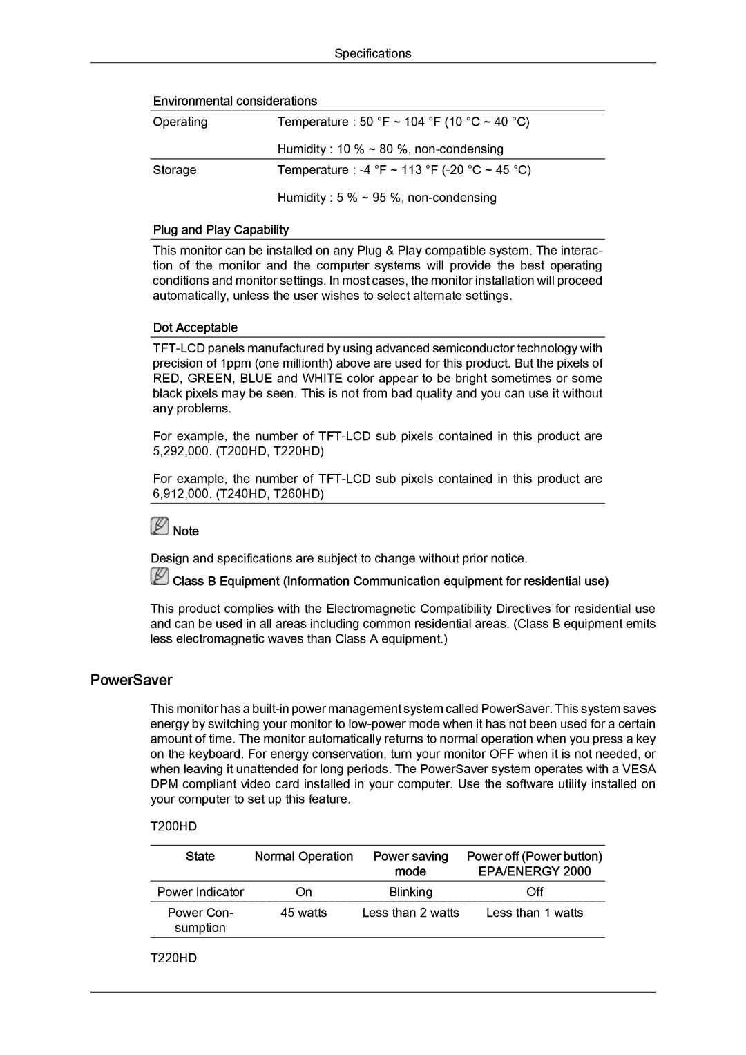 Samsung LS22TDVSUV/XE, LS20TDVSUV/EN PowerSaver, Environmental considerations, Plug and Play Capability, Dot Acceptable 