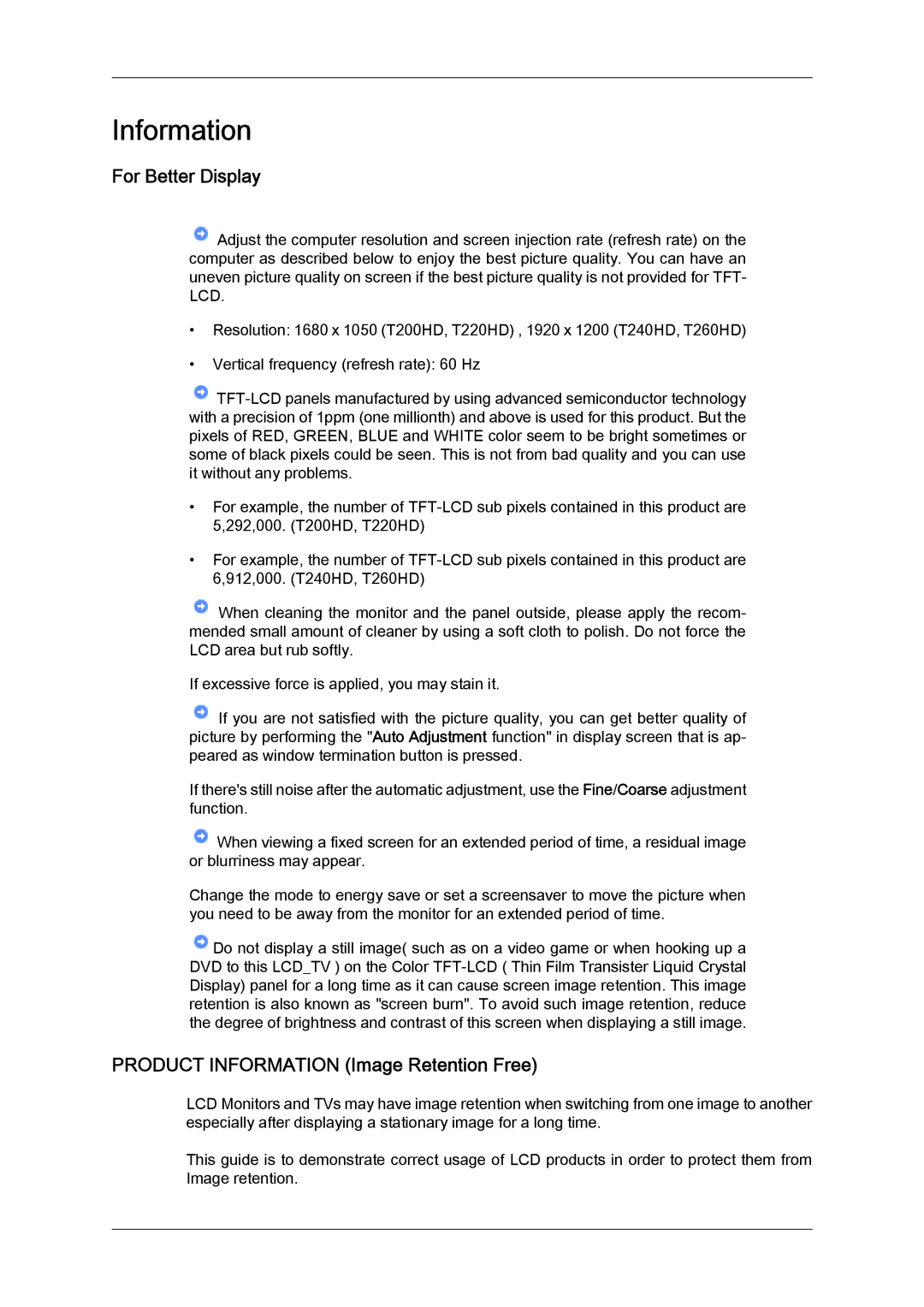 Samsung LS22TDDSX2/EN, LS20TDVSUV/EN, LS24TDVSUV/EN manual For Better Display, Product Information Image Retention Free 