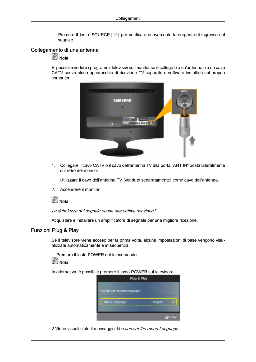 Samsung LS24TDDSUV/EN, LS20TDVSUV/EN, LS24TDVSUV/EN, LS22TDVSUV/EN manual Collegamento di una antenna, Funzioni Plug & Play 