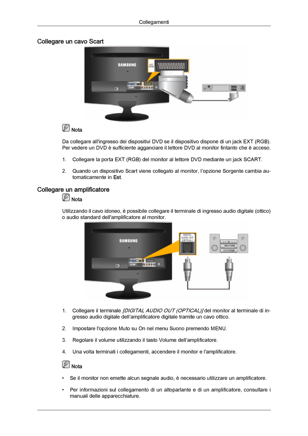 Samsung LS26TDDSUV/EN, LS20TDVSUV/EN, LS24TDVSUV/EN, LS24TDDSUV/EN manual Collegare un cavo Scart, Collegare un amplificatore 