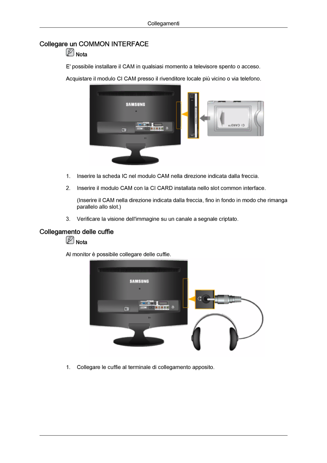 Samsung LS26TDVSUV/EN, LS20TDVSUV/EN, LS24TDVSUV/EN, LS24TDDSUV/EN Collegare un Common Interface, Collegamento delle cuffie 