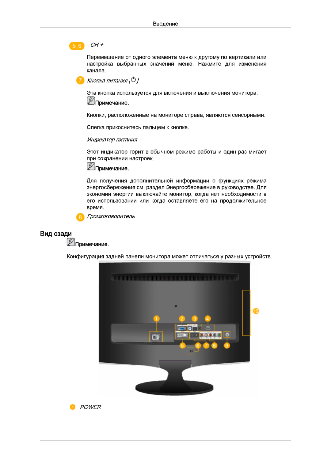 Samsung LS22TDDSUV/EN, LS20TDVSUV/EN, LS24TDVSUV/EN Вид сзади, Ch +, Кнопка питания, Индикатор питания, Громкоговоритель 