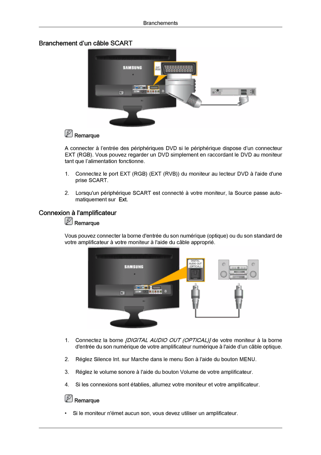 Samsung LS24TDVSUV/EN, LS20TDVSUV/EN, LS24TDDSUV/EN, LS22TDVSUV/EN Branchement d’un câble Scart, Connexion à lamplificateur 