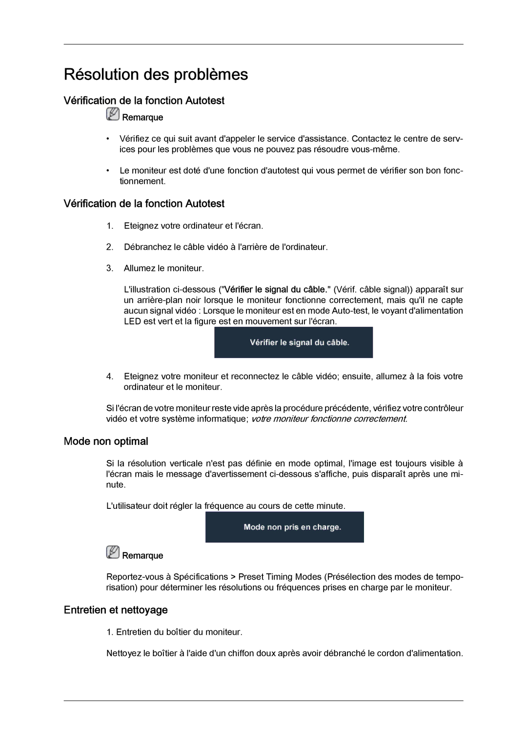 Samsung LS20TDDSUV/EN, LS20TDVSUV/EN manual Vérification de la fonction Autotest, Mode non optimal, Entretien et nettoyage 