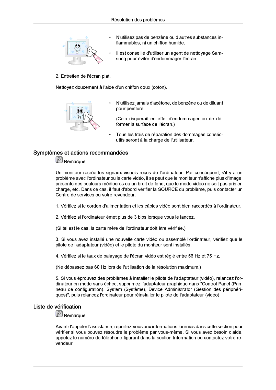 Samsung LS22TDDSUV/EN, LS20TDVSUV/EN, LS24TDVSUV/EN, LS24TDDSUV/EN Symptômes et actions recommandées, Liste de vérification 