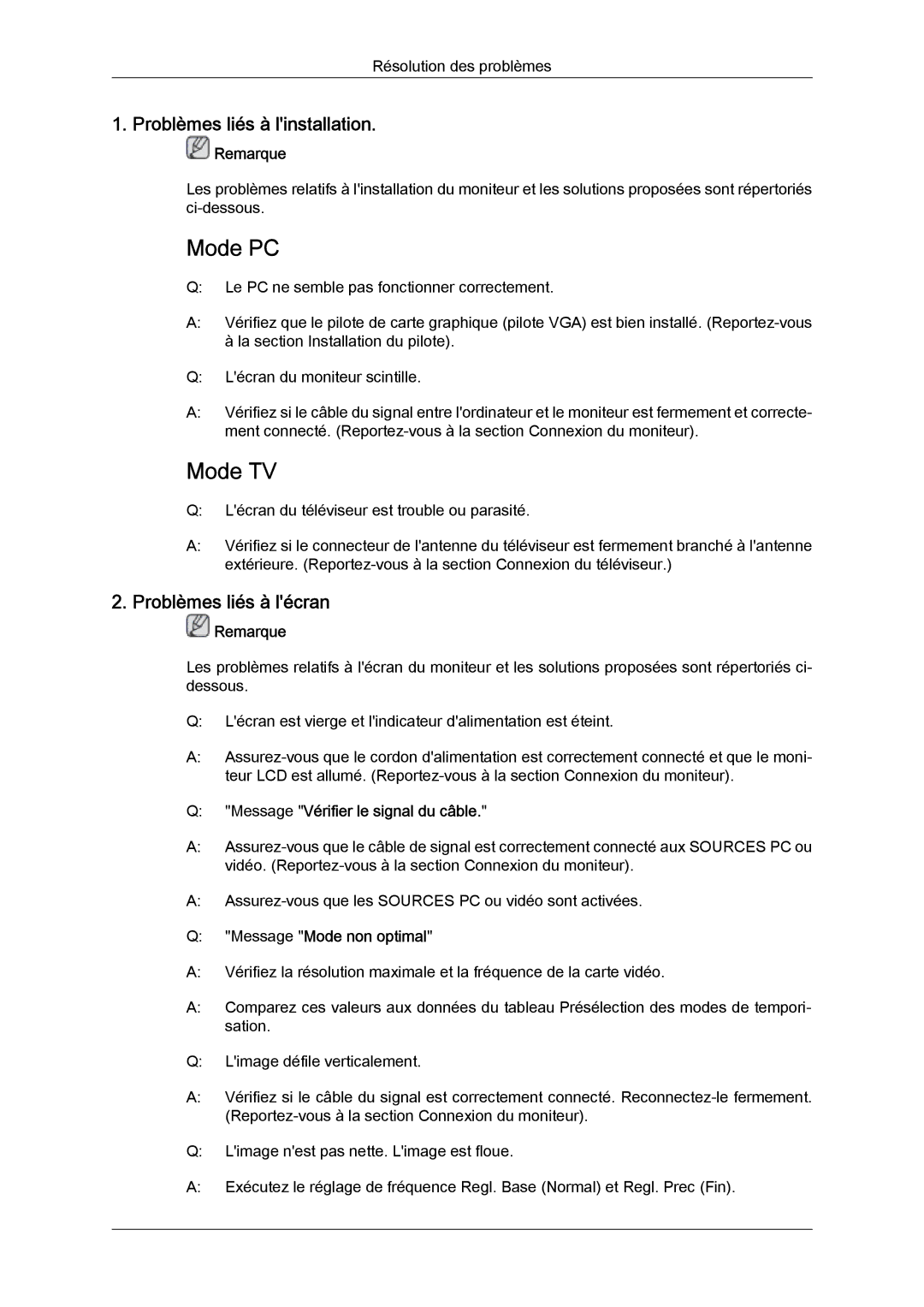 Samsung LS26TDDSUV/EN manual Problèmes liés à linstallation, Problèmes liés à lécran, Message Vérifier le signal du câble 