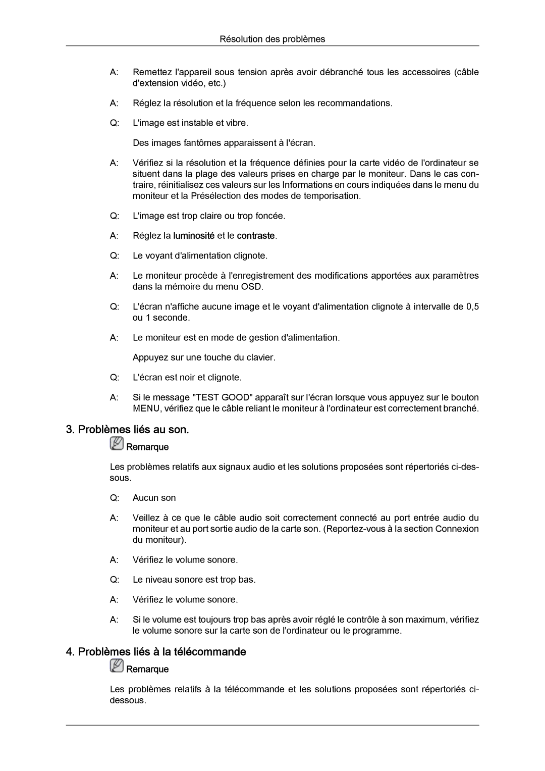 Samsung LS26TDVSUV/EN manual Problèmes liés au son, Problèmes liés à la télécommande, Réglez la luminosité et le contraste 