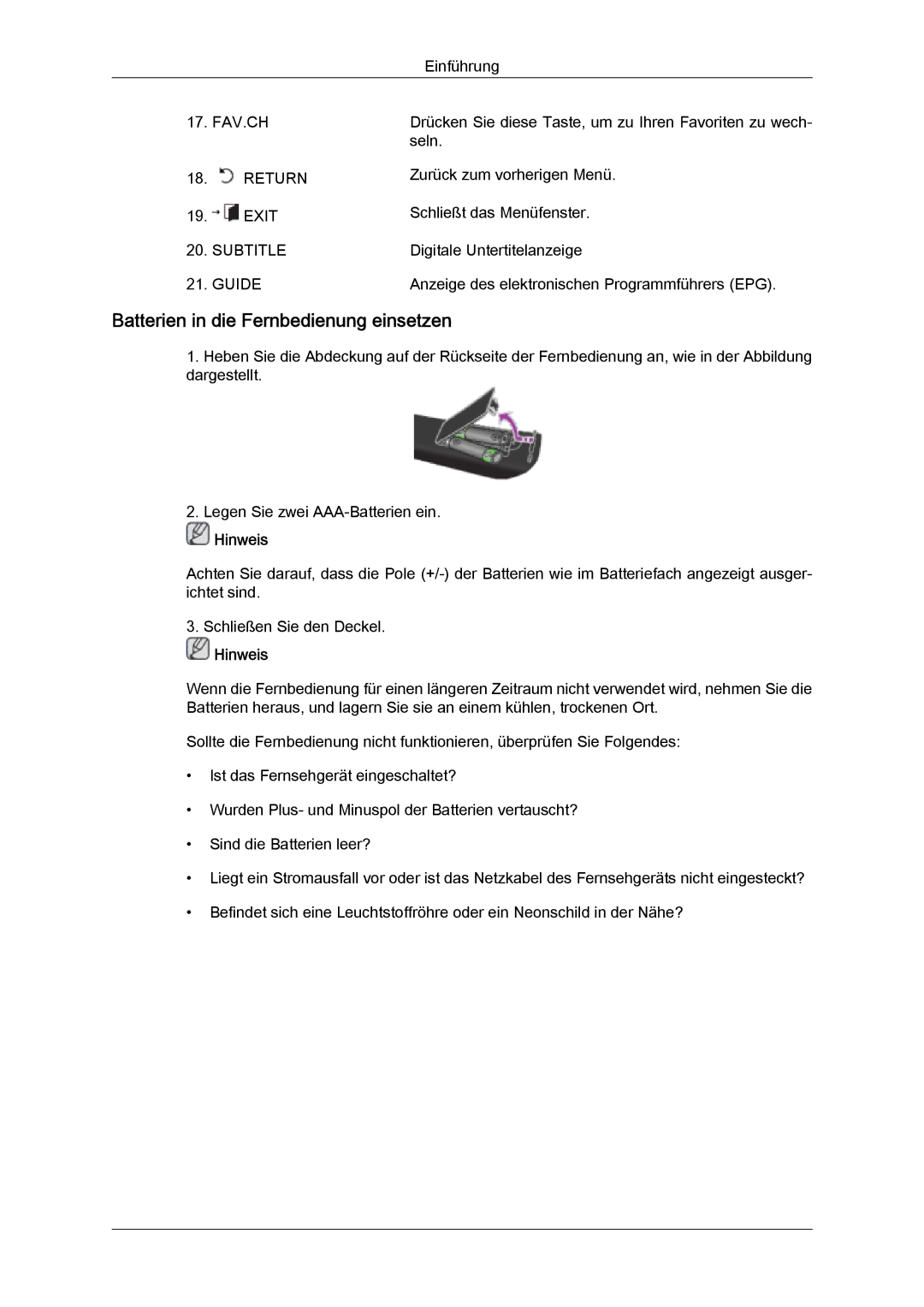 Samsung LS22TDVSUV/EN, LS20TDVSUV/EN, LS24TDVSUV/EN, LS24TDDSUV/EN Batterien in die Fernbedienung einsetzen, Subtitle Guide 