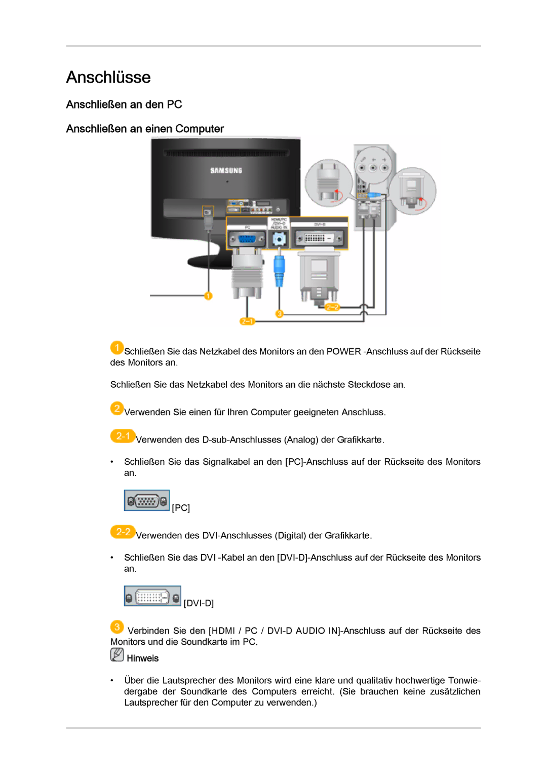 Samsung LS20TDDSUV/EN, LS20TDVSUV/EN, LS24TDVSUV/EN manual Anschlüsse, Anschließen an den PC Anschließen an einen Computer 