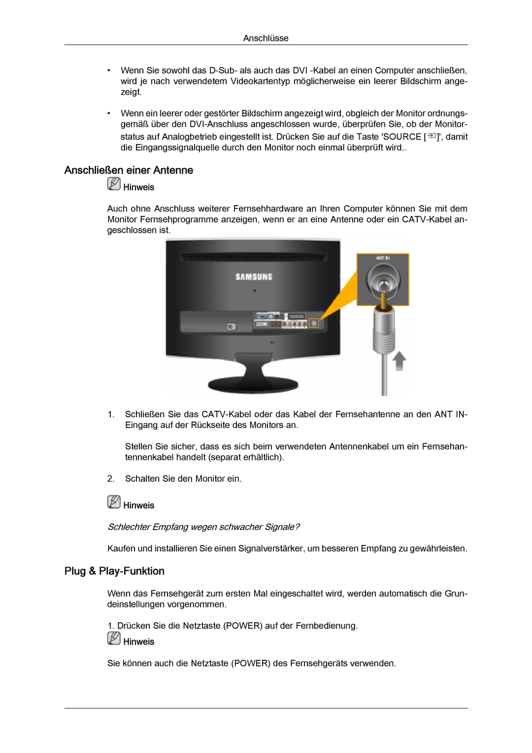 Samsung LS22TDDSUV/EN manual Anschließen einer Antenne, Plug & Play-Funktion, Schlechter Empfang wegen schwacher Signale? 