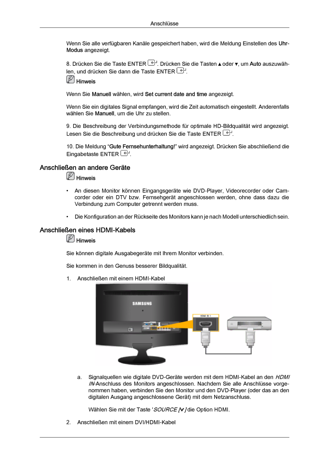 Samsung LS26TDVSUV/EN, LS20TDVSUV/EN, LS24TDVSUV/EN manual Anschließen an andere Geräte, Anschließen eines HDMI-Kabels 