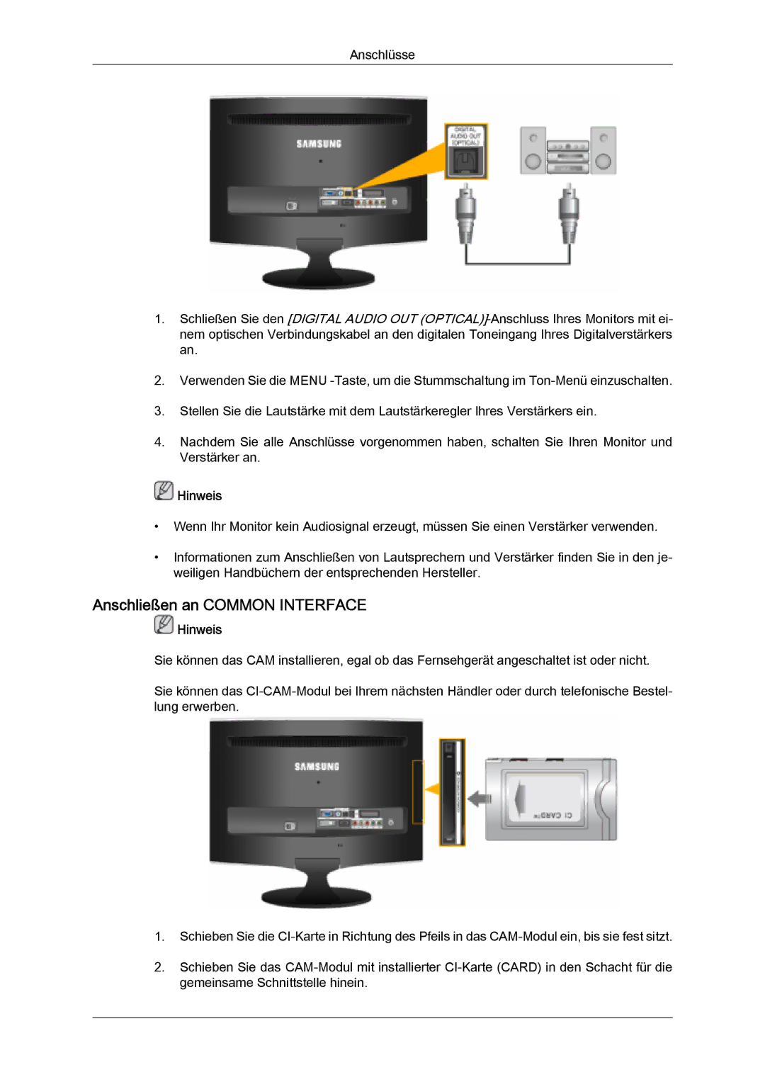 Samsung LS24TDDSUV/EN, LS20TDVSUV/EN, LS24TDVSUV/EN, LS22TDVSUV/EN, LS20TDDSUV/EN manual Anschließen an Common Interface 