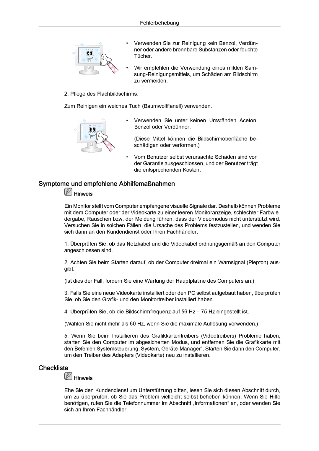 Samsung LS26TDDSUV/EN, LS20TDVSUV/EN, LS24TDVSUV/EN, LS24TDDSUV/EN manual Symptome und empfohlene Abhilfemaßnahmen, Checkliste 