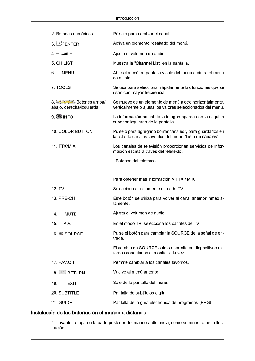 Samsung LS24TDDSUV/EN, LS20TDVSUV/EN, LS24TDVSUV/EN manual Instalación de las baterías en el mando a distancia, Color Button 