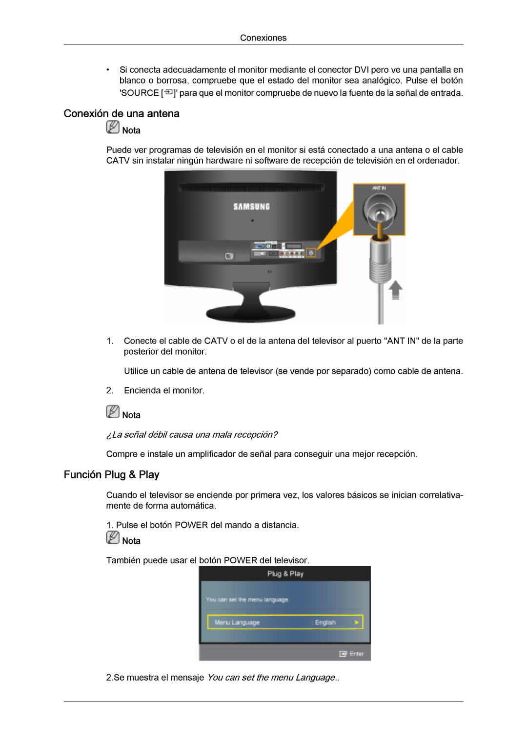 Samsung LS22TDDSUV/EN manual Conexión de una antena, Función Plug & Play, ¿La señal débil causa una mala recepción? 