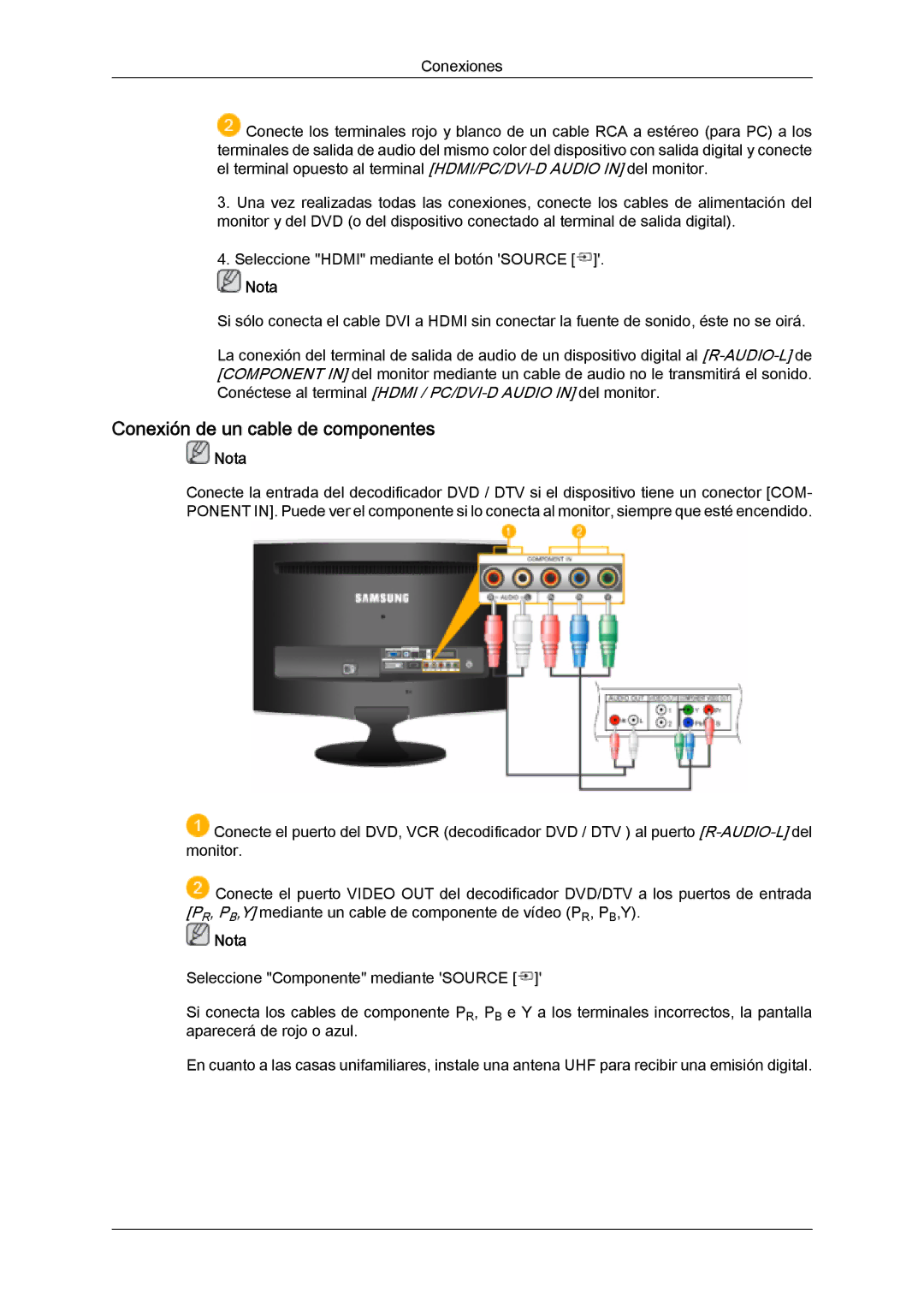 Samsung LS20TDVSUV/EN, LS24TDVSUV/EN, LS24TDDSUV/EN, LS22TDVSUV/EN, LS20TDDSUV/EN manual Conexión de un cable de componentes 