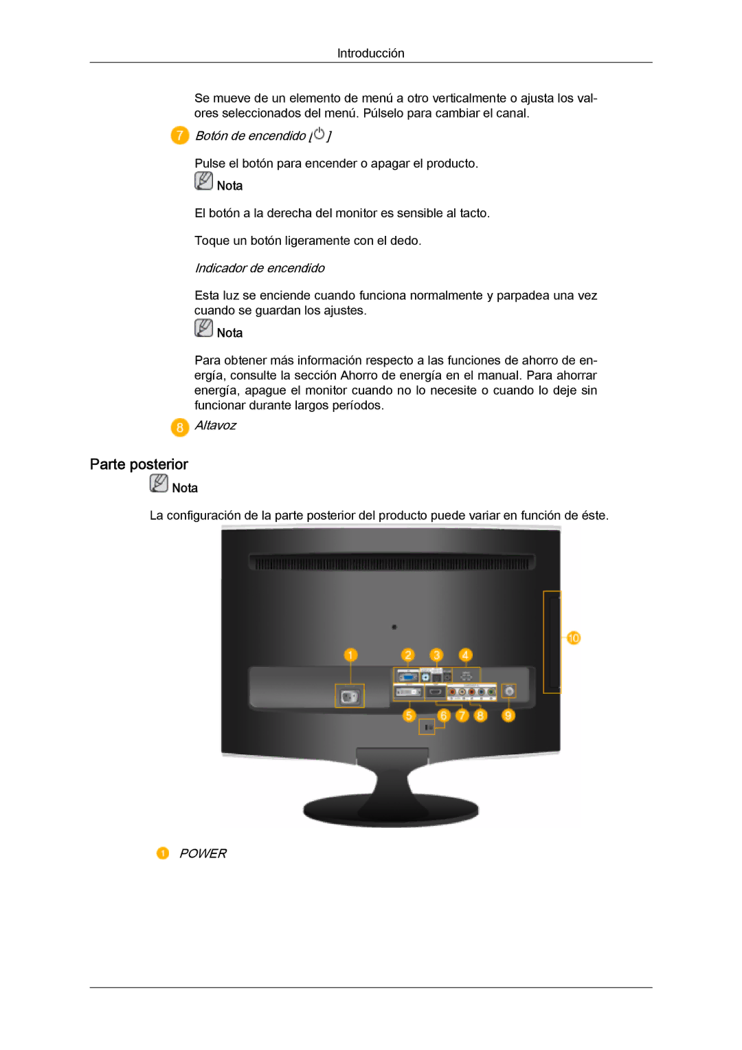 Samsung LS22TDDSUV/EN, LS20TDVSUV/EN, LS24TDVSUV/EN Parte posterior, Botón de encendido, Indicador de encendido, Altavoz 