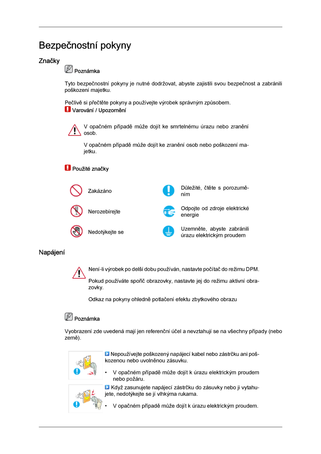 Samsung LS24TDDSUV/EN, LS20TDVSUV/EN, LS24TDVSUV/EN manual Značky, Napájení, Poznámka, Varování / Upozornění, Použité značky 
