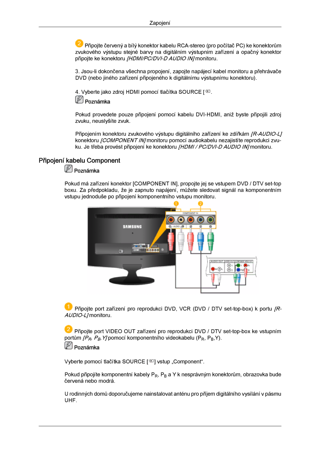 Samsung LS20TDVSUV/EN, LS24TDVSUV/EN, LS24TDDSUV/EN, LS22TDVSUV/EN, LS20TDDSUV/EN, LS22TDDSUV/EN Připojení kabelu Component 