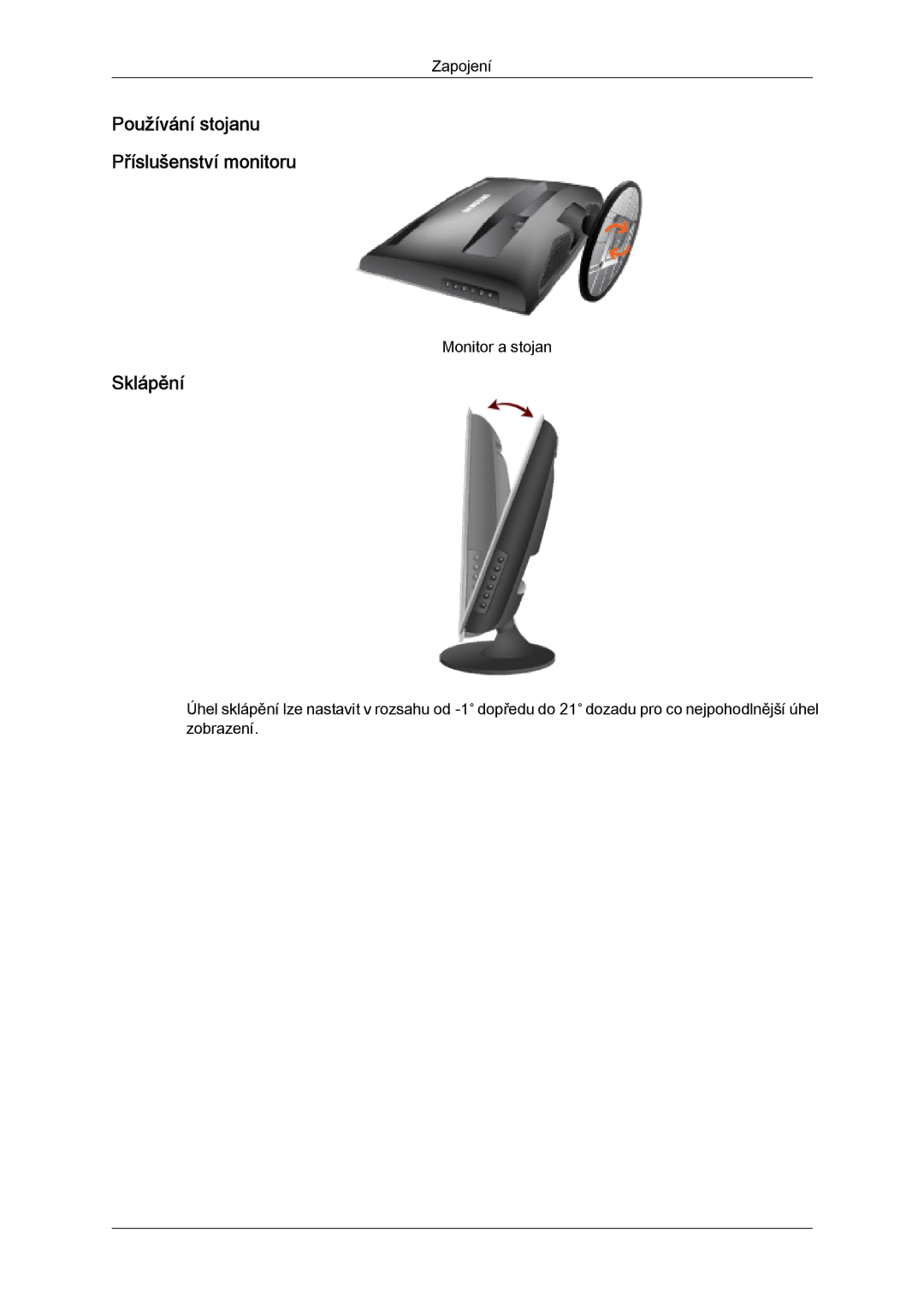 Samsung LS22TDVSUV/EN, LS20TDVSUV/EN, LS24TDVSUV/EN, LS24TDDSUV/EN manual Používání stojanu Příslušenství monitoru, Sklápění 