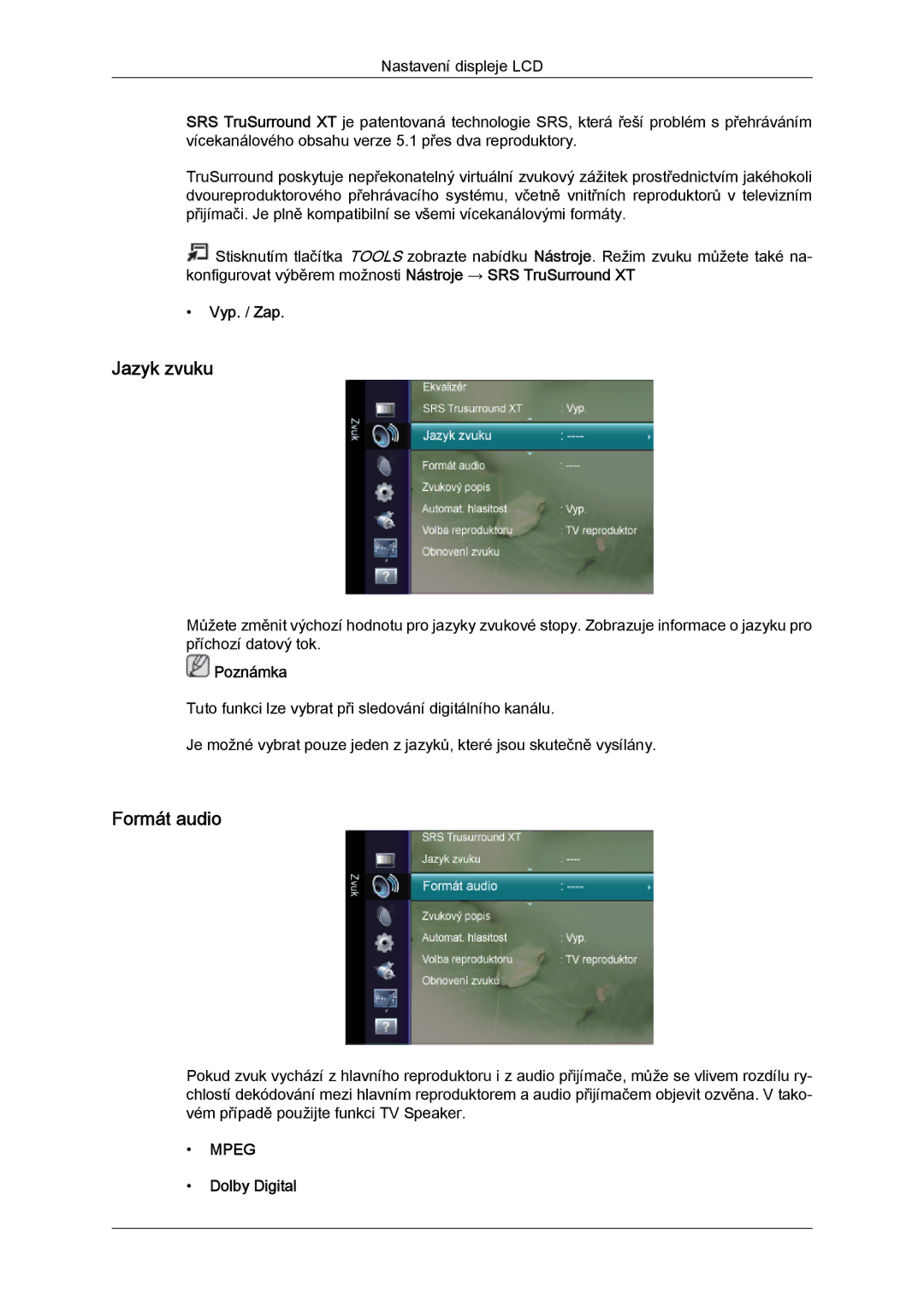 Samsung LS22TDVSUV/EN, LS20TDVSUV/EN, LS24TDVSUV/EN, LS24TDDSUV/EN, LS20TDDSUV/EN Jazyk zvuku, Formát audio, Dolby Digital 