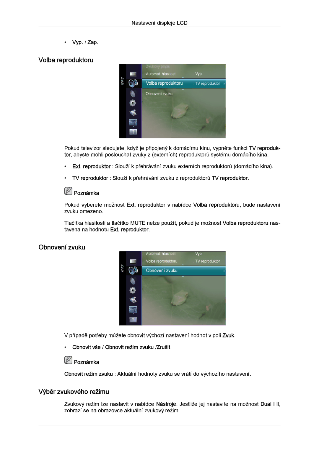 Samsung LS22TDDSUV/EN, LS20TDVSUV/EN, LS24TDVSUV/EN manual Volba reproduktoru, Obnovení zvuku, Výběr zvukového režimu 
