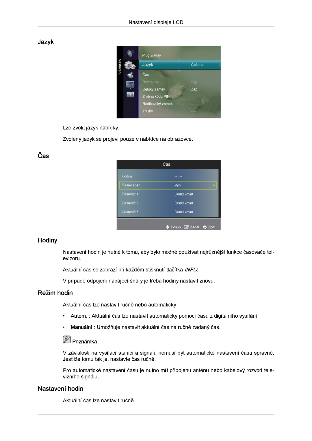 Samsung LS24TDVSUV/EN, LS20TDVSUV/EN, LS24TDDSUV/EN, LS22TDVSUV/EN manual Jazyk, Čas Hodiny, Režim hodin, Nastavení hodin 