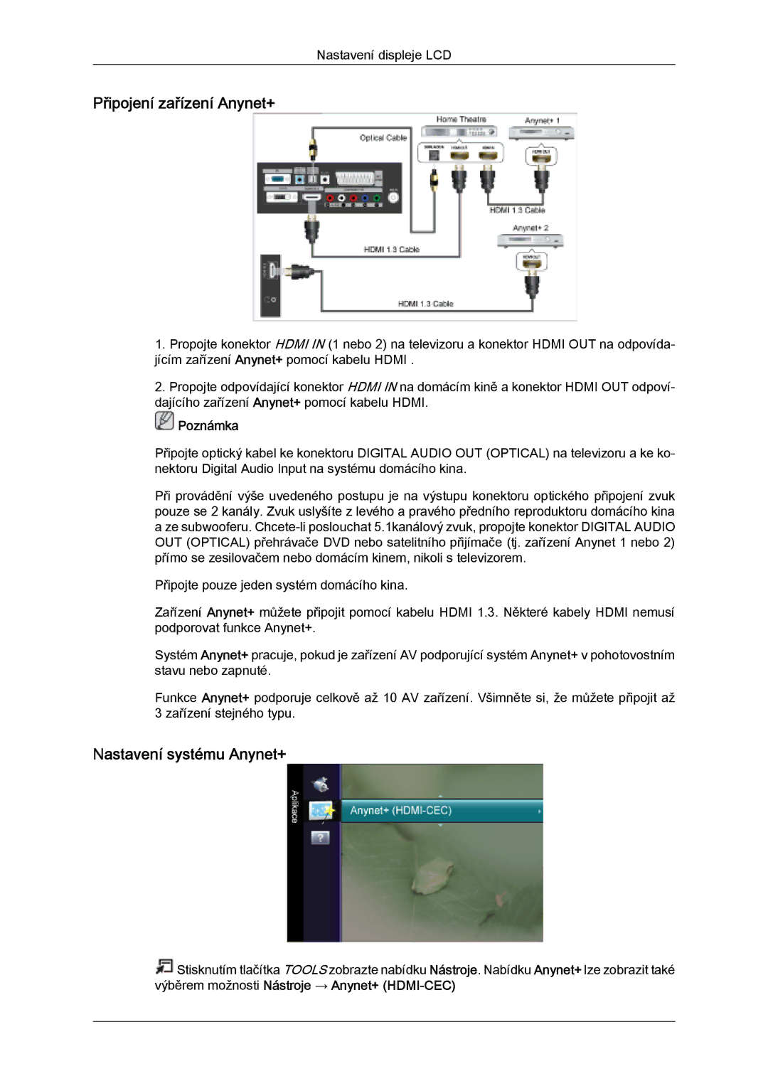 Samsung LS22TDVSUV/EN, LS20TDVSUV/EN, LS24TDVSUV/EN, LS24TDDSUV/EN Připojení zařízení Anynet+, Nastavení systému Anynet+ 