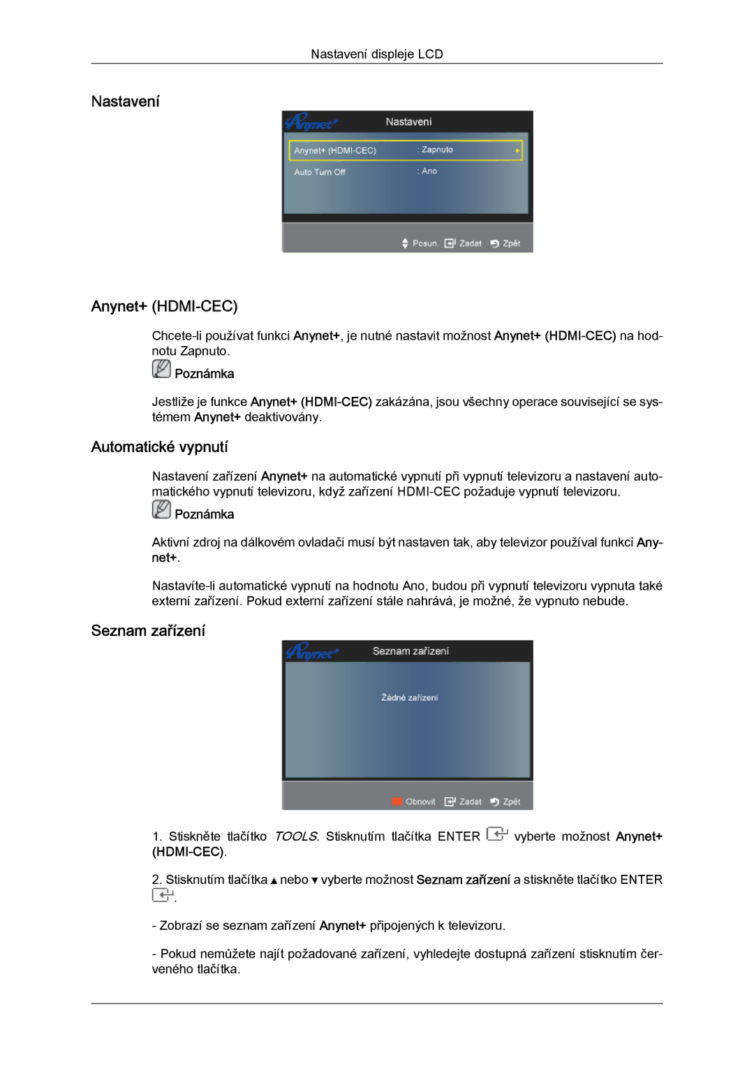 Samsung LS20TDDSUV/EN, LS20TDVSUV/EN, LS24TDVSUV/EN manual Nastavení Anynet+ HDMI-CEC, Automatické vypnutí, Seznam zařízení 