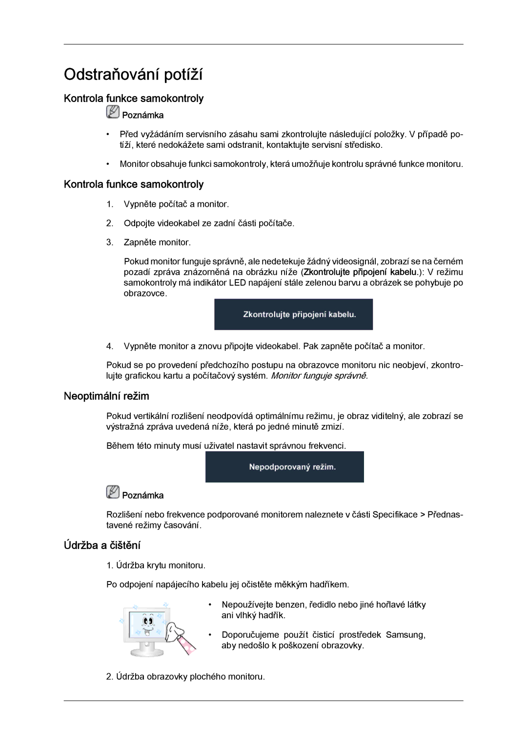 Samsung LS20TDVSUV/EN, LS24TDVSUV/EN, LS24TDDSUV/EN manual Kontrola funkce samokontroly, Neoptimální režim, Údržba a čištění 