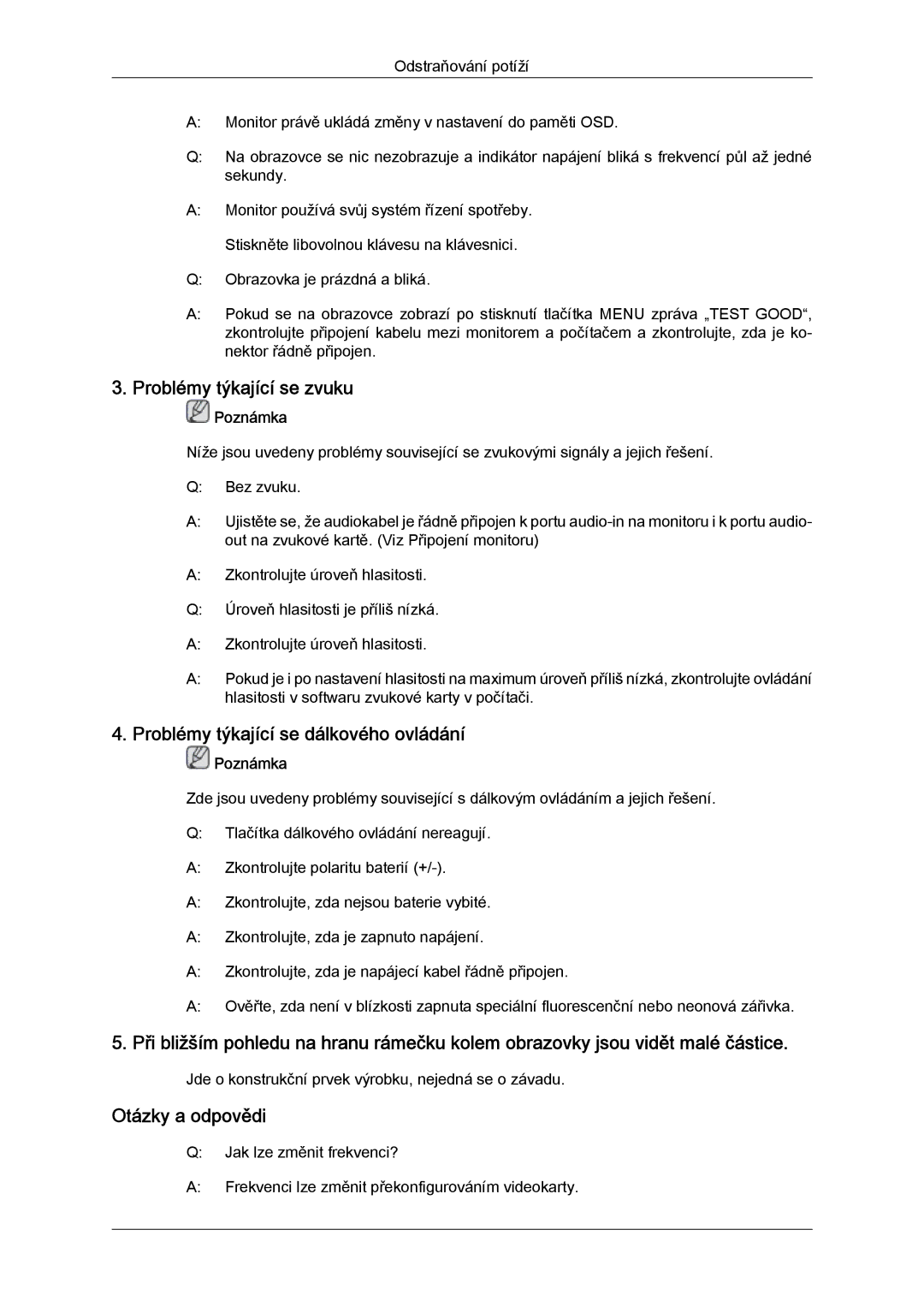 Samsung LS22TDVSUV/EN manual Problémy týkající se zvuku, Problémy týkající se dálkového ovládání, Otázky a odpovědi 