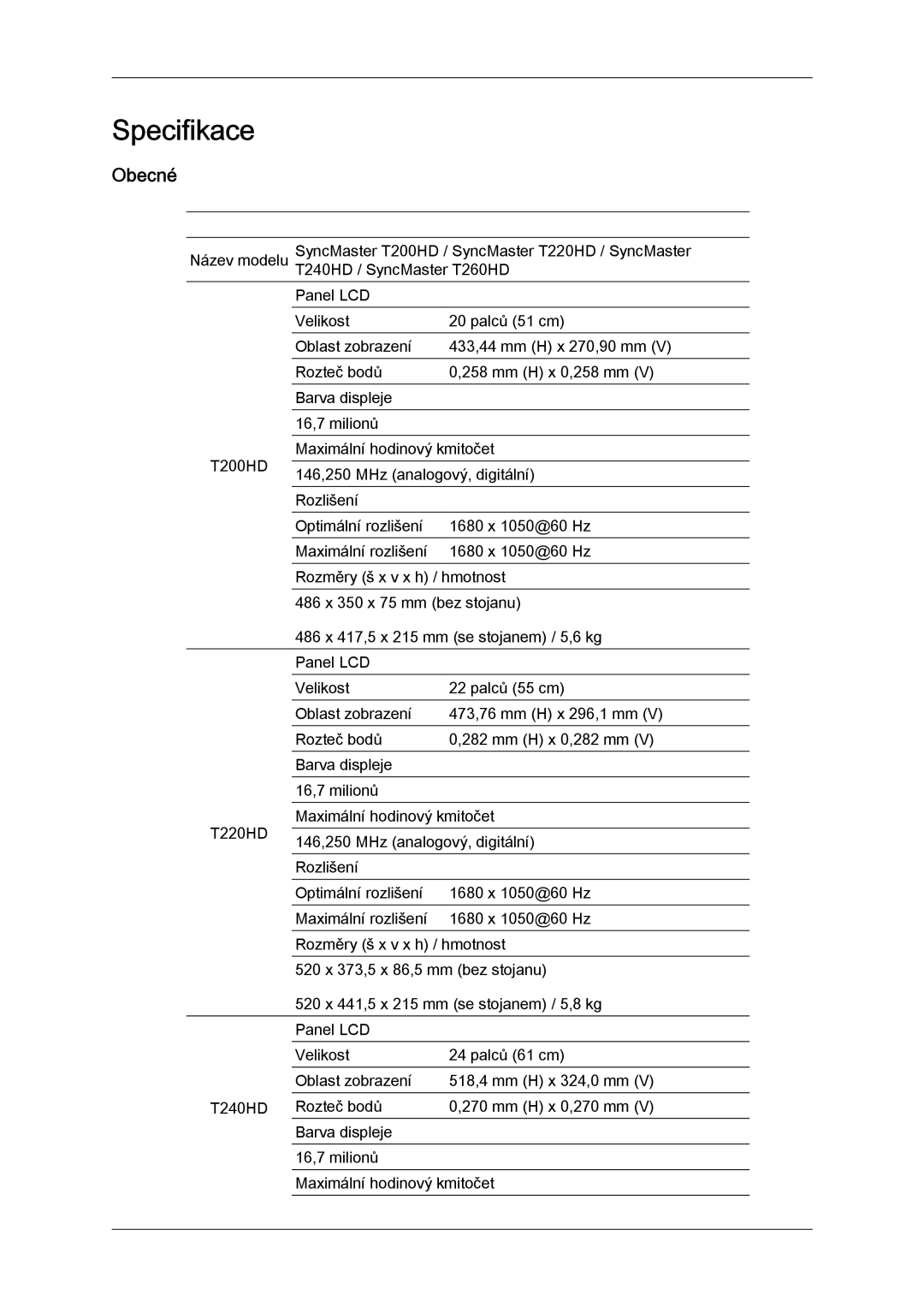 Samsung LS26TDDSUV/EN, LS20TDVSUV/EN, LS24TDVSUV/EN, LS24TDDSUV/EN, LS22TDVSUV/EN, LS20TDDSUV/EN manual Specifikace, Obecné 