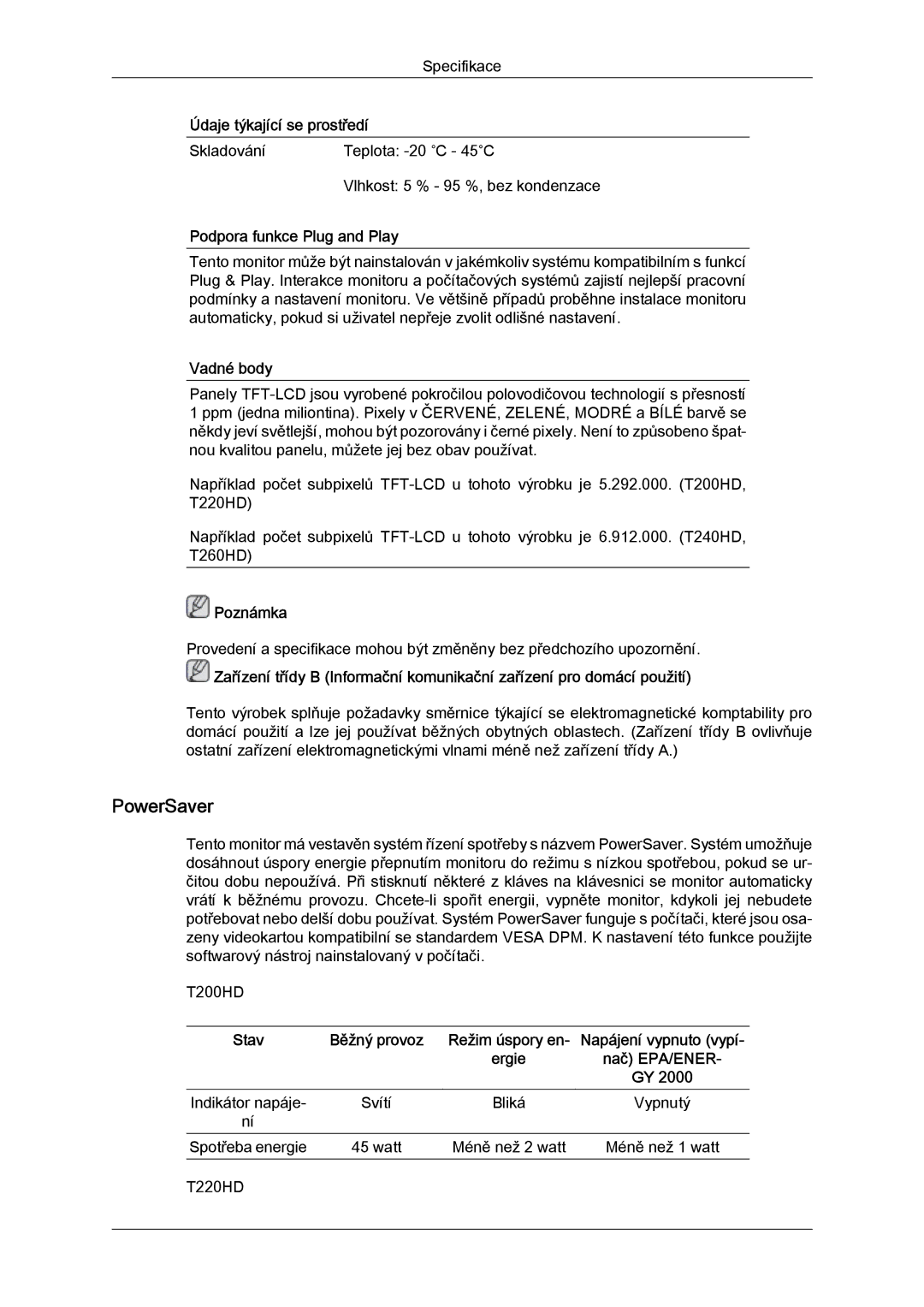 Samsung LS20TDVSUV/EN, LS24TDVSUV/EN, LS24TDDSUV/EN manual PowerSaver, Podpora funkce Plug and Play, Vadné body, Nač EPA/ENER 