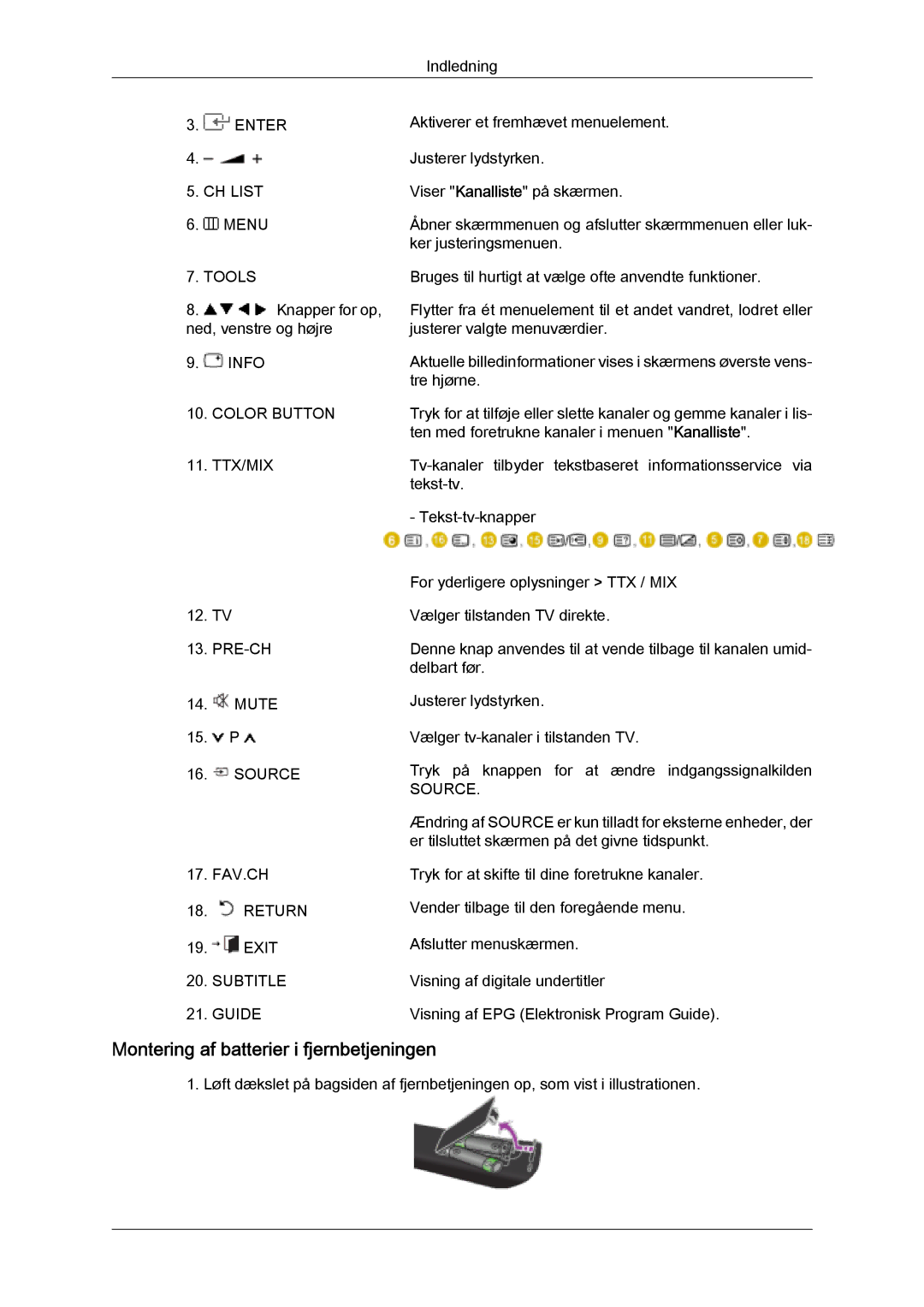 Samsung LS26TDDSUV/EN, LS20TDVSUV/EN, LS24TDVSUV/EN, LS24TDDSUV/EN Montering af batterier i fjernbetjeningen, Color Button 