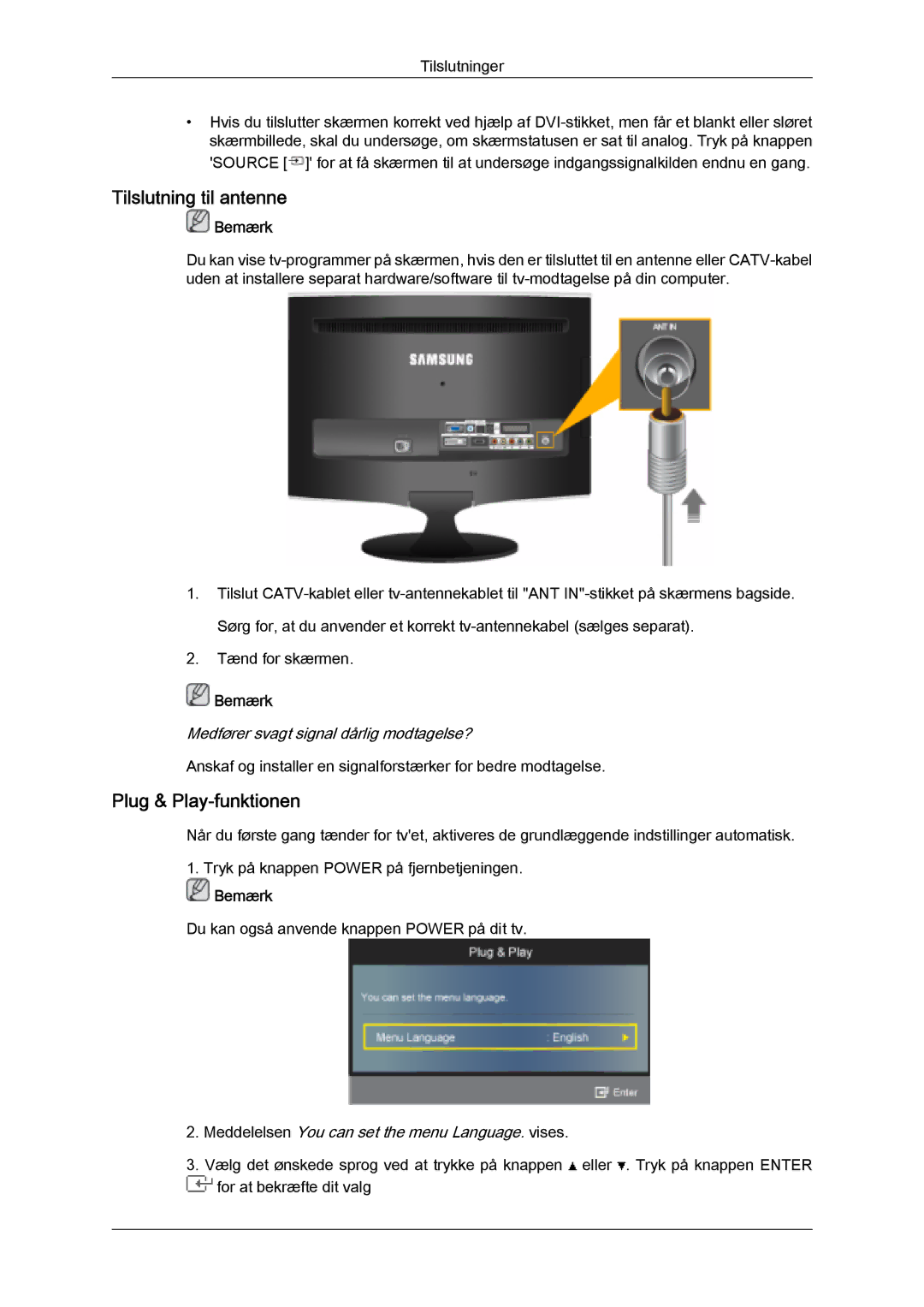 Samsung LS22TDVSUV/XE, LS20TDVSUV/EN, LS24TDVSUV/EN, LS24TDDSUV/EN manual Tilslutning til antenne, Plug & Play-funktionen 