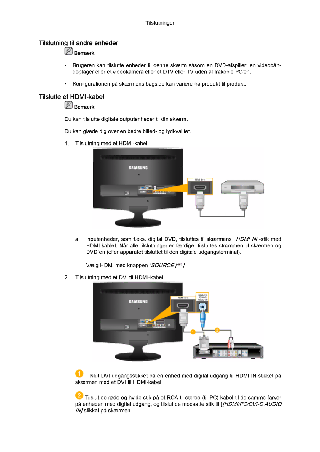 Samsung LS26TDVSUV/XE, LS20TDVSUV/EN, LS24TDVSUV/EN, LS24TDDSUV/EN Tilslutning til andre enheder, Tilslutte et HDMI-kabel 