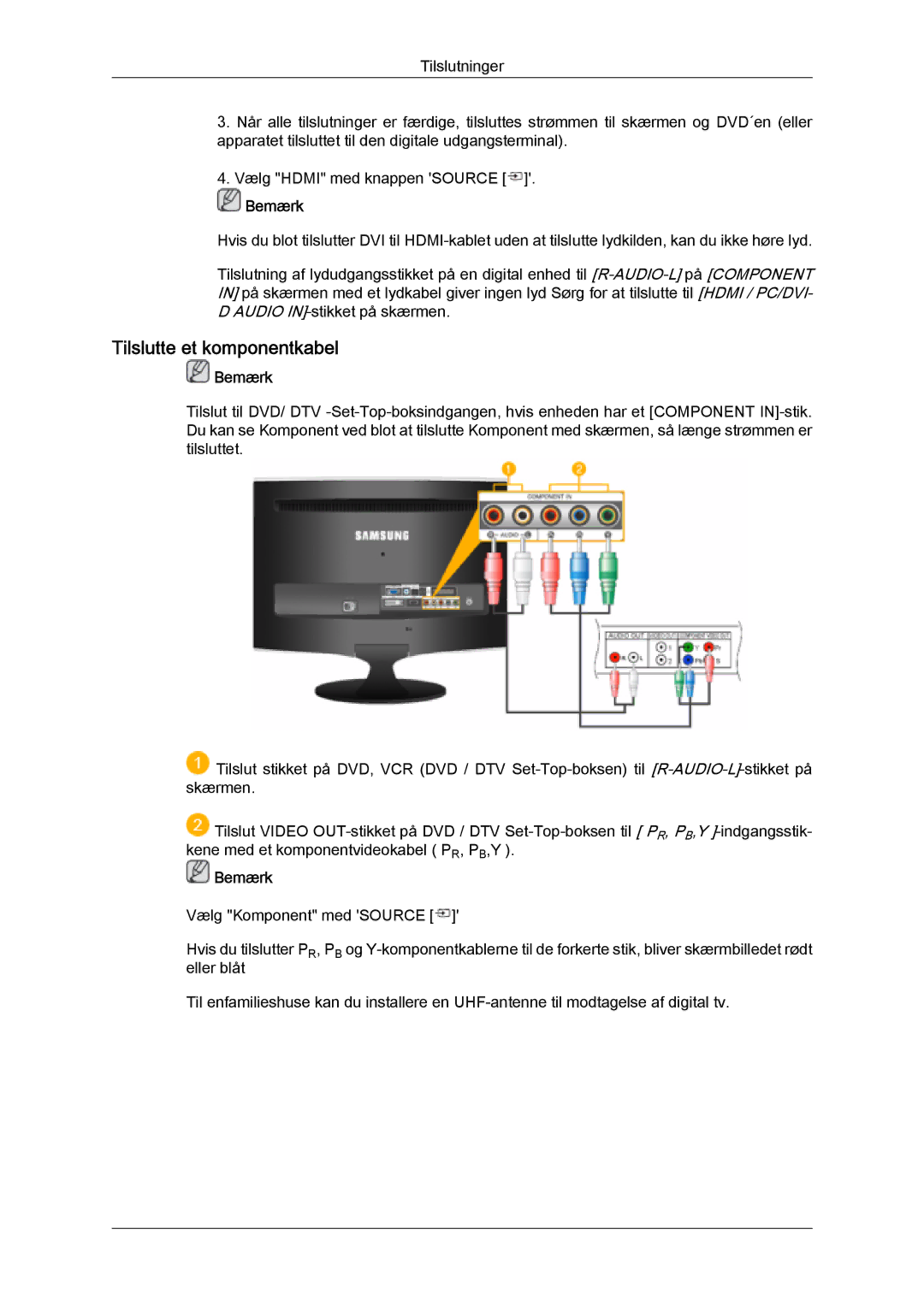 Samsung LS20TDVSUV/EN, LS24TDVSUV/EN, LS24TDDSUV/EN, LS22TDVSUV/EN, LS20TDDSUV/EN, LS22TDDSUV/EN Tilslutte et komponentkabel 