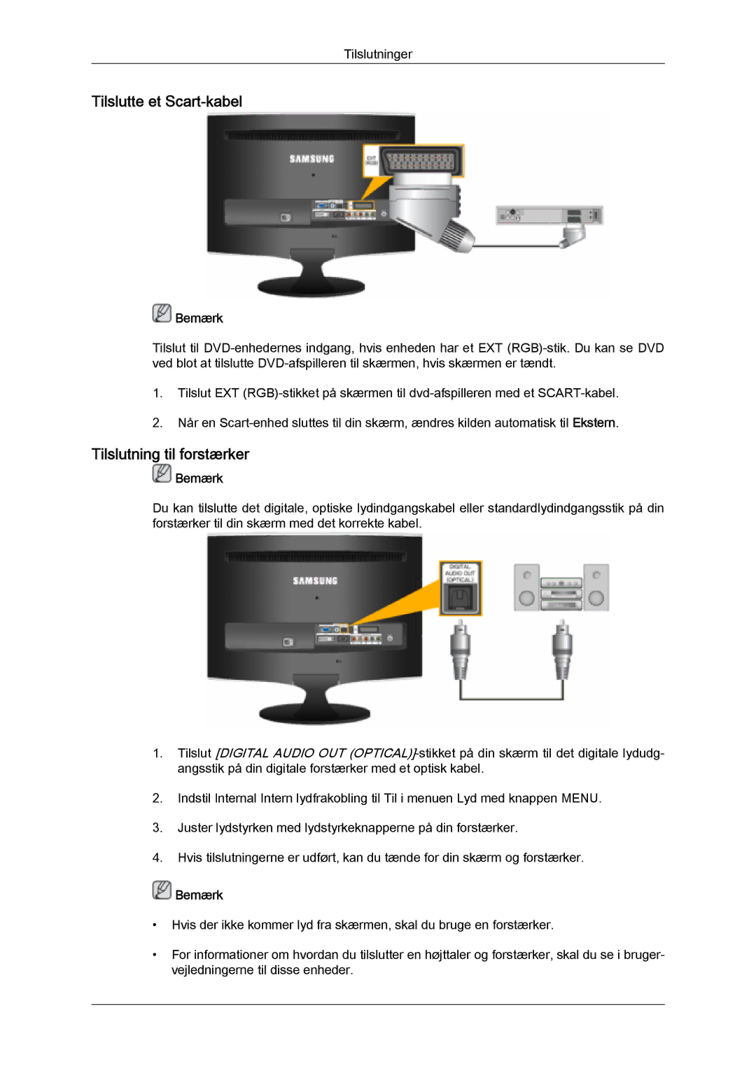 Samsung LS24TDVSUV/EN, LS20TDVSUV/EN, LS24TDDSUV/EN, LS22TDVSUV/EN manual Tilslutte et Scart-kabel, Tilslutning til forstærker 