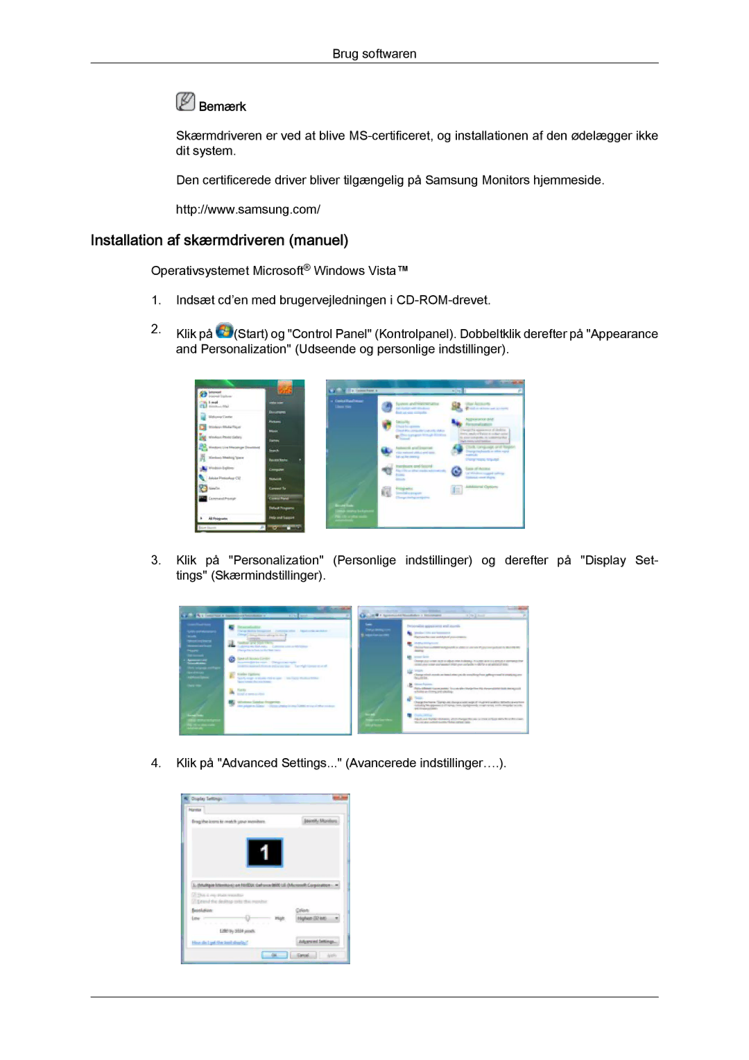 Samsung LS22TDDSUV/EN, LS20TDVSUV/EN, LS24TDVSUV/EN, LS24TDDSUV/EN, LS22TDVSUV/EN manual Installation af skærmdriveren manuel 